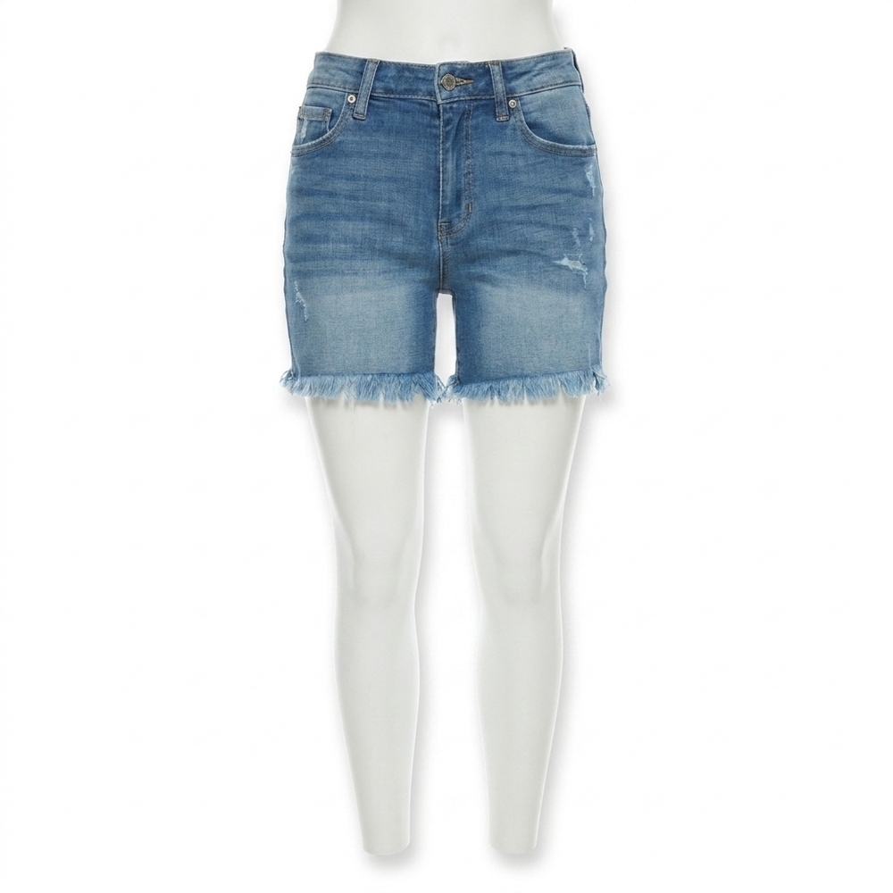 NEW KANCAN cheyenne high rise fray hem shorts jeans in medium blue